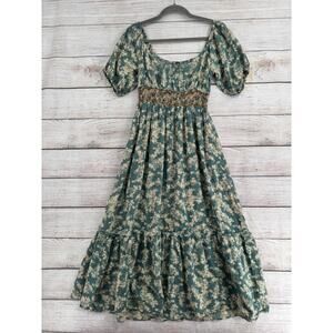 Free People Floral Embroidered Scoop Neck Midi Dress Womens Small Green Cream